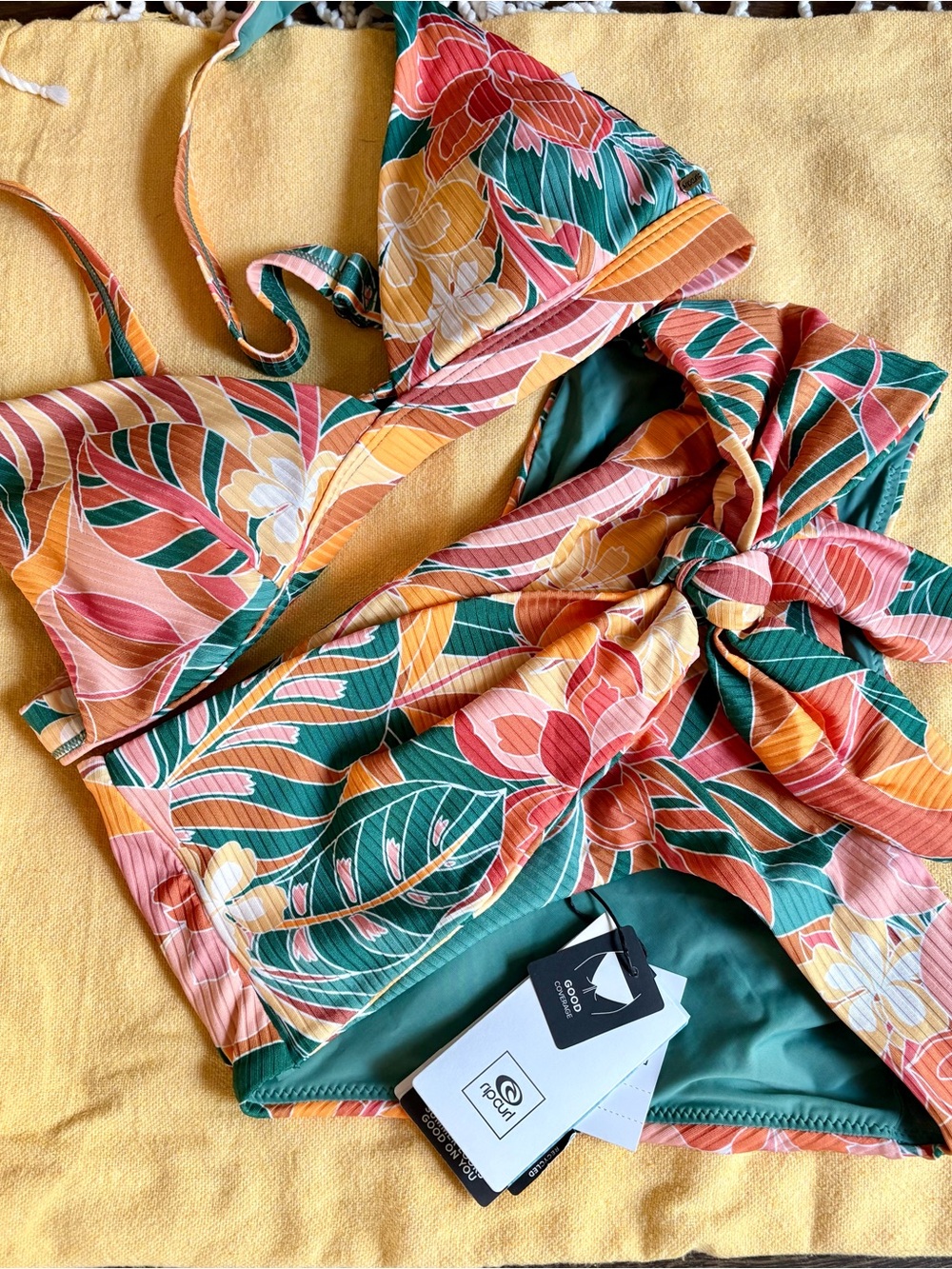 Rip Curl Floral Tie-Front Bikini Set in Green, Pink, Yellow, Orange